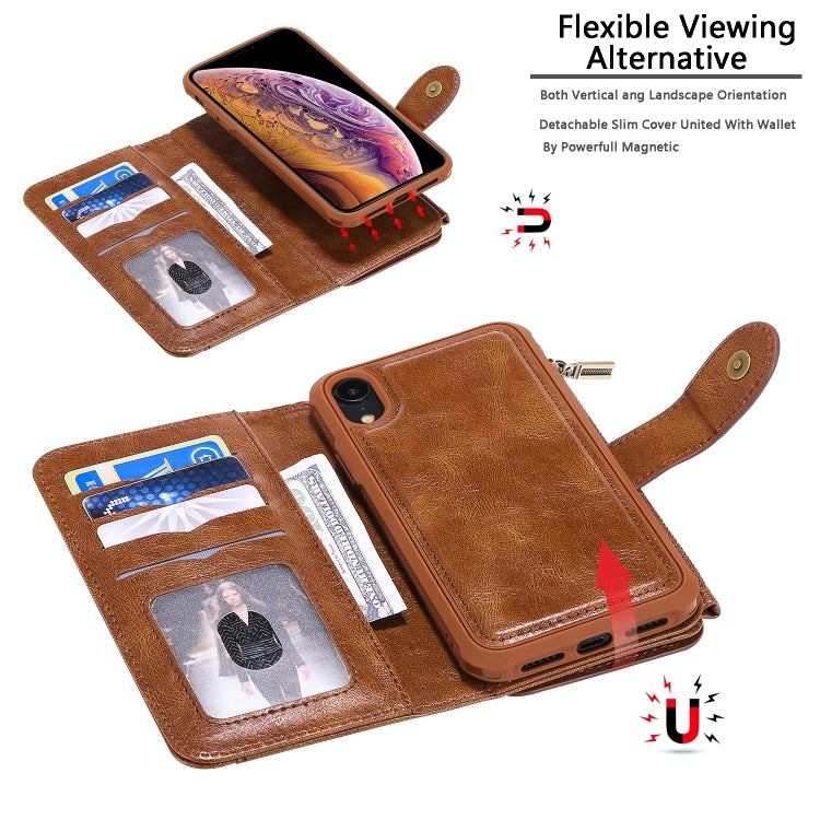 For iPhone XR Multifunctional Retro Detachable Magnetic Horizontal Flip Leather Case with Card Slots & Holder & Wallet & Photo Frame(Brown) - More iPhone Cases by buy2fix | Online Shopping UK | buy2fix