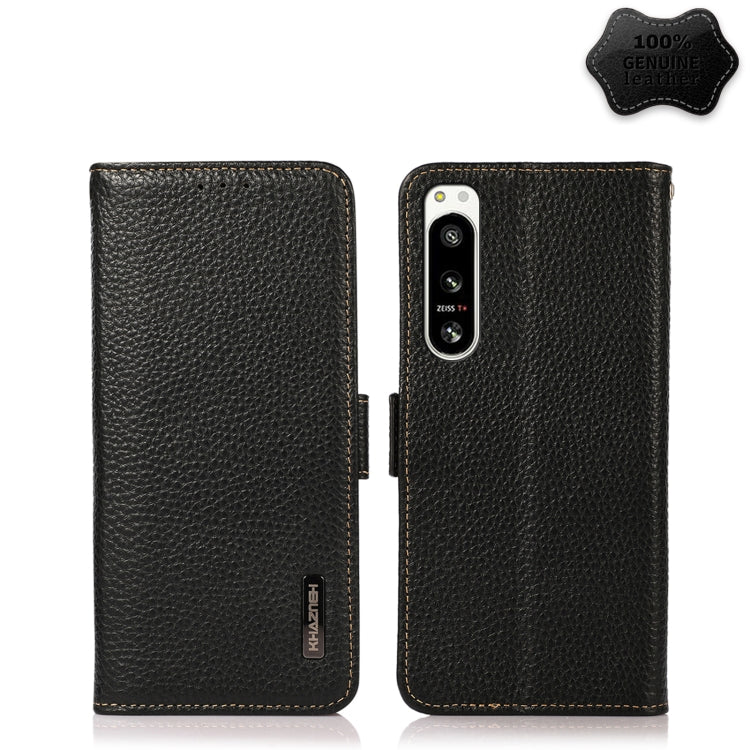 For Sony Xperia 5 IV KHAZNEH Side-Magnetic Litchi Genuine Leather RFID Case(Black) - Sony Cases by buy2fix | Online Shopping UK | buy2fix