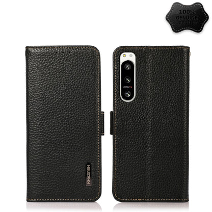 For Sony Xperia 5 IV KHAZNEH Side-Magnetic Litchi Genuine Leather RFID Case(Black) - Sony Cases by buy2fix | Online Shopping UK | buy2fix