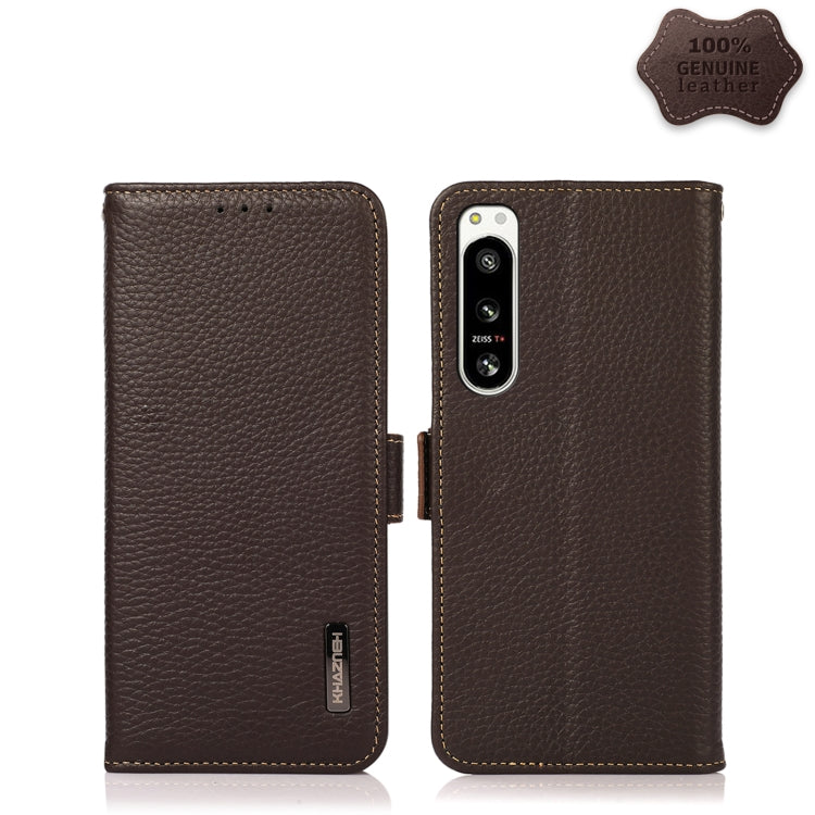 For Sony Xperia 5 IV KHAZNEH Side-Magnetic Litchi Genuine Leather RFID Case(Brown) - Sony Cases by buy2fix | Online Shopping UK | buy2fix