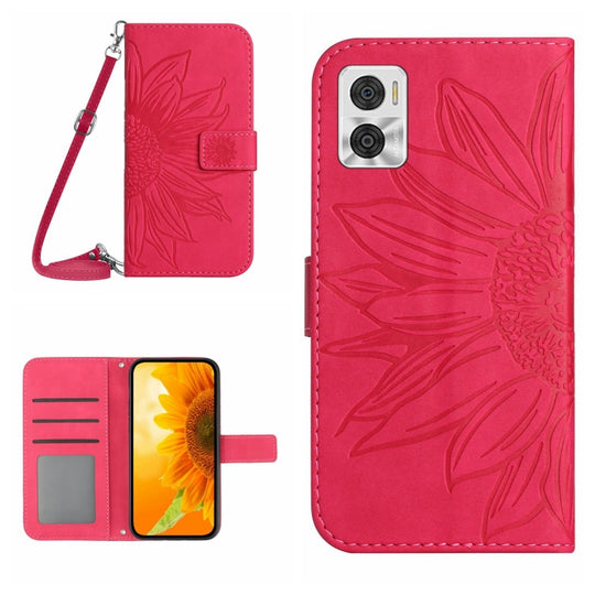 For Motorola Moto E22 4G/E22i 4G Skin Feel Sun Flower Pattern Flip Leather Phone Case with Lanyard(Rose Red)
