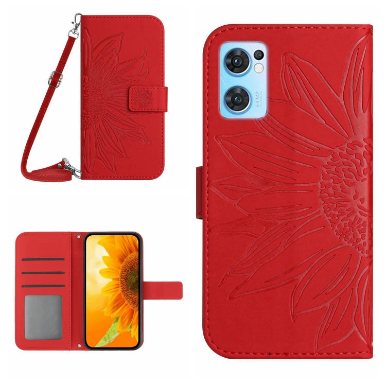 For OPPO Reno7 5G/Find X5 Lite Skin Feel Sun Flower Pattern Flip Leather Phone Case with Lanyard(Red) by buy2fix