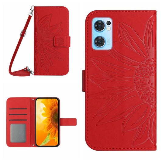 For OPPO Reno7 5G/Find X5 Lite Skin Feel Sun Flower Pattern Flip Leather Phone Case with Lanyard(Red) by buy2fix