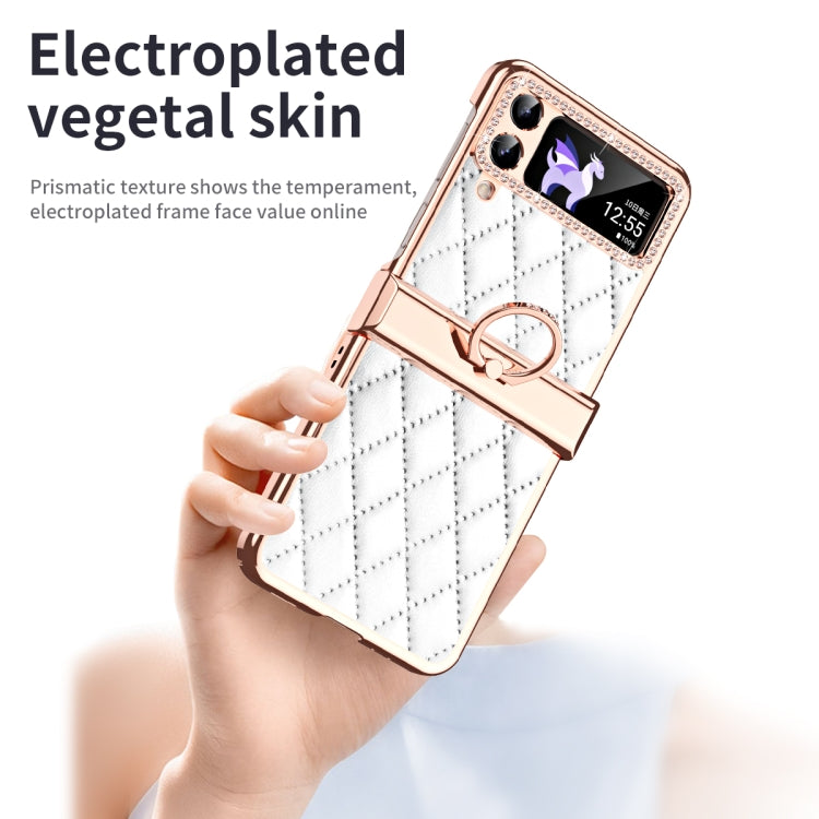 For Samsung Galaxy Z Flip4 Grid Leather Pattern Electroplating Frame Folding Phone Case(White) - Galaxy Z Flip4 5G Cases by buy2fix | Online Shopping UK | buy2fix