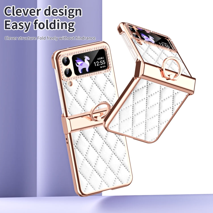 For Samsung Galaxy Z Flip4 Grid Leather Pattern Electroplating Frame Folding Phone Case(White) - Galaxy Z Flip4 5G Cases by buy2fix | Online Shopping UK | buy2fix