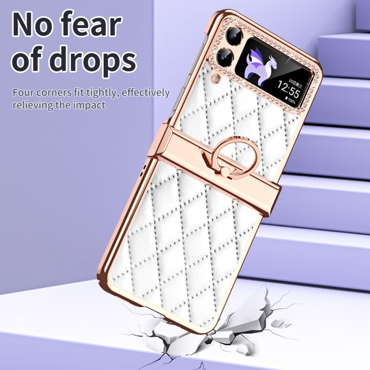 For Samsung Galaxy Z Flip4 Grid Leather Pattern Electroplating Frame Folding Phone Case(White) - Galaxy Z Flip4 5G Cases by buy2fix | Online Shopping UK | buy2fix