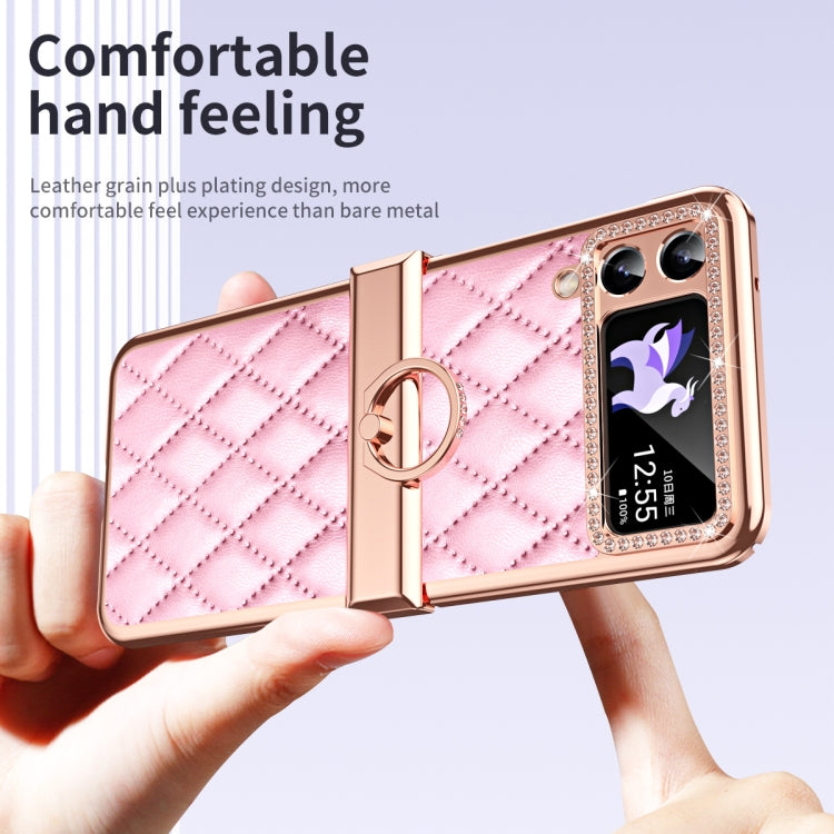 For Samsung Galaxy Z Flip4 Grid Leather Pattern Electroplating Frame Folding Phone Case(Pink) - Galaxy Z Flip4 5G Cases by buy2fix | Online Shopping UK | buy2fix