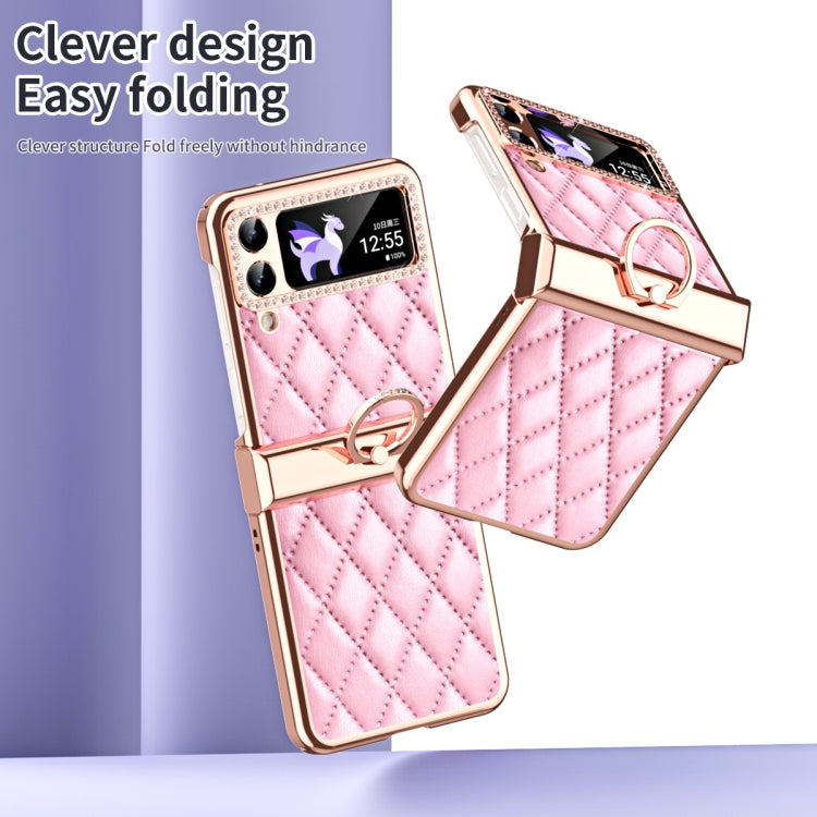 For Samsung Galaxy Z Flip4 Grid Leather Pattern Electroplating Frame Folding Phone Case(Pink) - Galaxy Z Flip4 5G Cases by buy2fix | Online Shopping UK | buy2fix