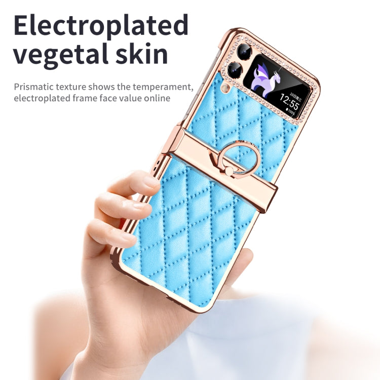 For Samsung Galaxy Z Flip4 Grid Leather Pattern Electroplating Frame Folding Phone Case(Blue) - Galaxy Z Flip4 5G Cases by buy2fix | Online Shopping UK | buy2fix