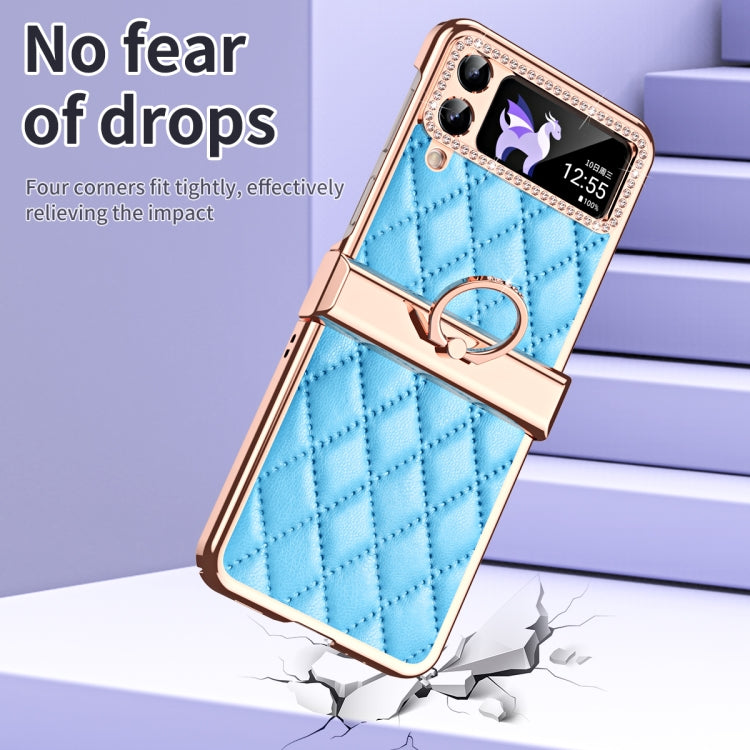 For Samsung Galaxy Z Flip4 Grid Leather Pattern Electroplating Frame Folding Phone Case(Blue) - Galaxy Z Flip4 5G Cases by buy2fix | Online Shopping UK | buy2fix