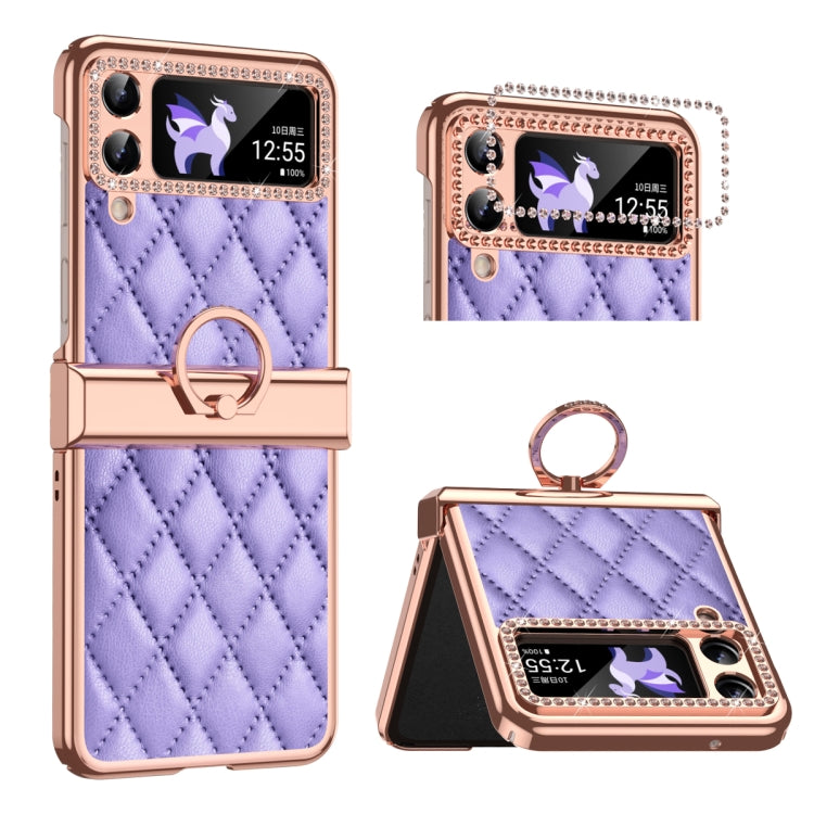 For Samsung Galaxy Z Flip4 Grid Leather Pattern Electroplating Frame Folding Phone Case(Purple) - Galaxy Z Flip4 5G Cases by buy2fix | Online Shopping UK | buy2fix