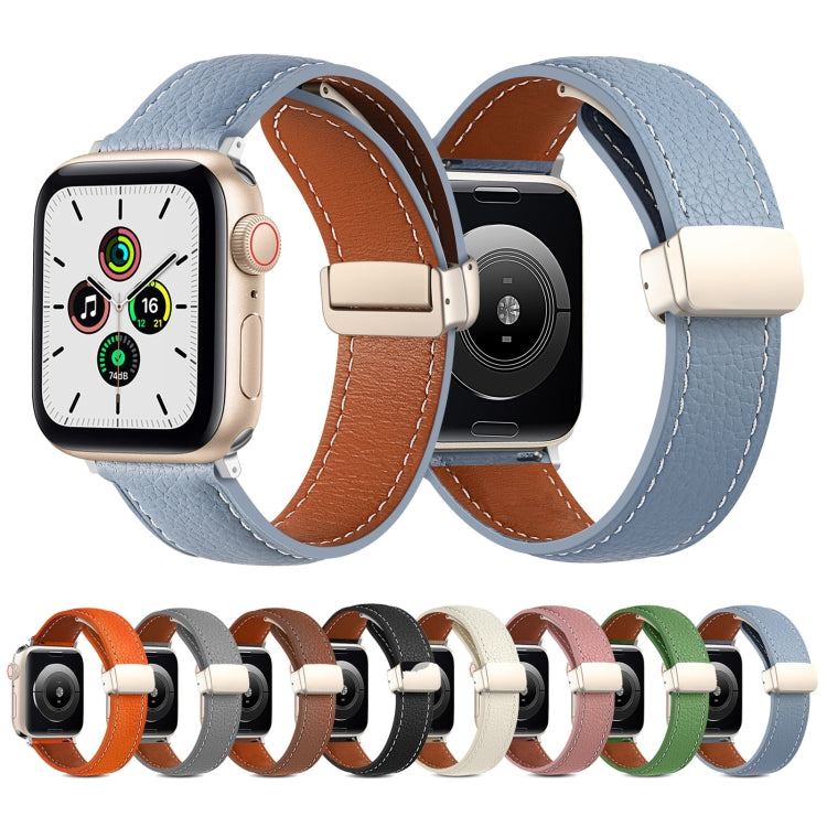 Folding Buckle Genuine Leather Watch Band for Apple Watch Series 8&7 41mm / SE 2&6&SE&5&4 40mm / 3&2&1 38mm(Orange) by buy2fix