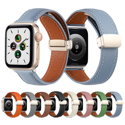 Folding Buckle Genuine Leather Watch Band for Apple Watch Series 8&7 41mm / SE 2&6&SE&5&4 40mm / 3&2&1 38mm(Orange) by buy2fix