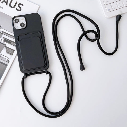 For iPhone 13 Pro Crossbody Lanyard Elastic Silicone Card Holder Phone Case(Black)