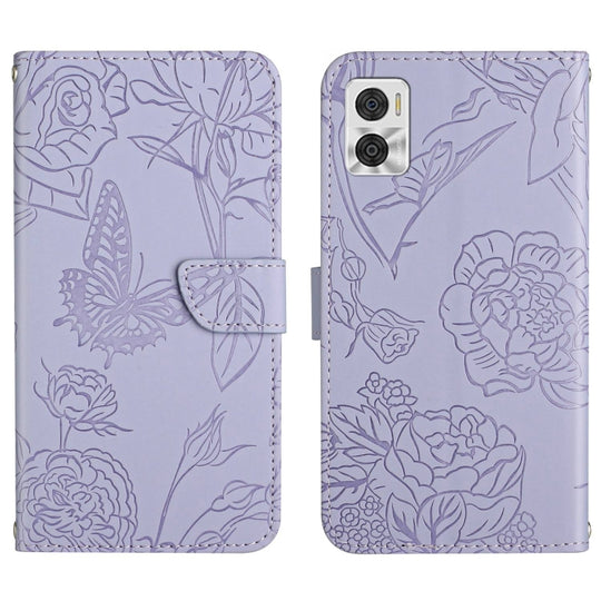 For Motorola Moto E22 4G HT03 Skin Feel Butterfly Embossed Flip Leather Phone Case(Purple)