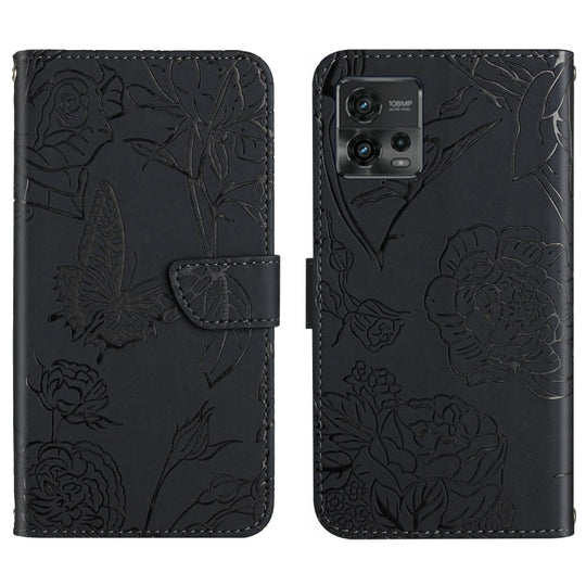 For Motorola Moto G72 4G HT03 Skin Feel Butterfly Embossed Flip Leather Phone Case(Black)