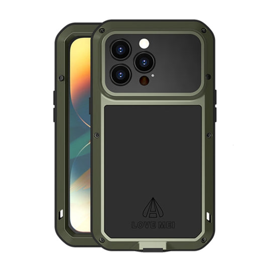 For iPhone 14 Pro Max LOVE MEI Metal Shockproof Life Waterproof Dustproof Phone Case(Army Green)