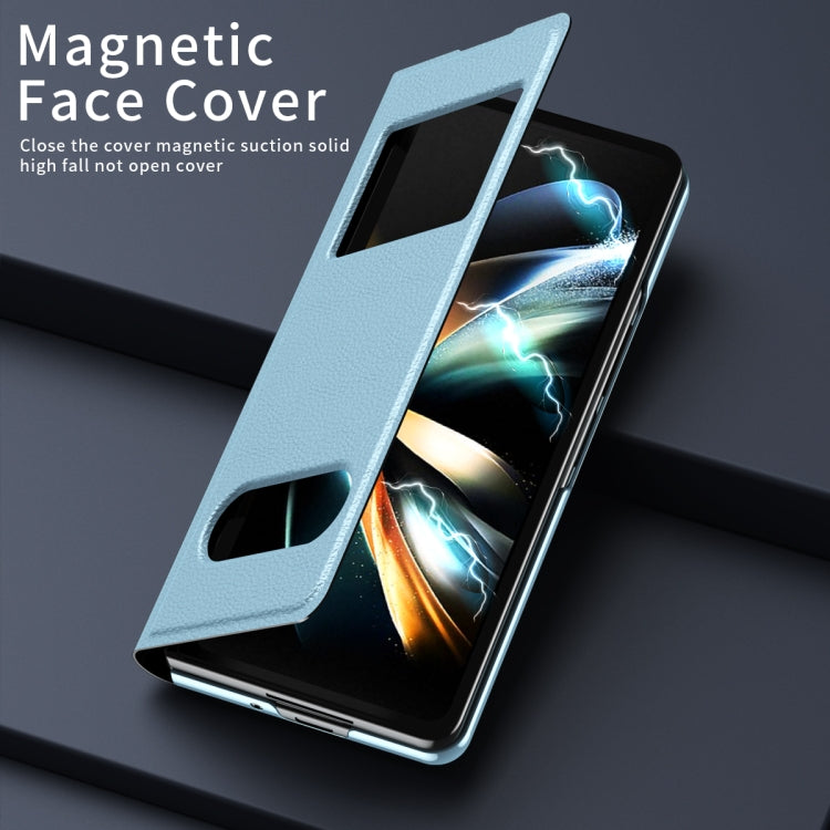 For Samsung Galaxy Z Fold4 Mature Window View Flip Leather Phone Case(Blue Lychee) - Galaxy Z Flip4 5G Cases by buy2fix | Online Shopping UK | buy2fix