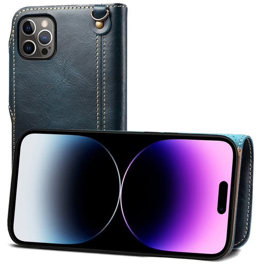 For iPhone 14 Pro Max Denior Oil Wax Cowhide Magnetic Button Genuine Leather Case(Dark Blue) - iPhone 14 Pro Max Cases by Denior | Online Shopping UK | buy2fix