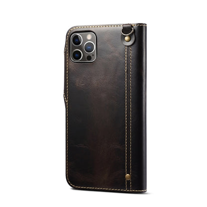 For iPhone 14 Pro Denior Oil Wax Cowhide Magnetic Button Genuine Leather Case(Black) - iPhone 14 Pro Cases by Denior | Online Shopping UK | buy2fix