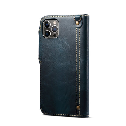 For iPhone 14 Pro Denior Oil Wax Cowhide Magnetic Button Genuine Leather Case(Dark Blue) - iPhone 14 Pro Cases by Denior | Online Shopping UK | buy2fix