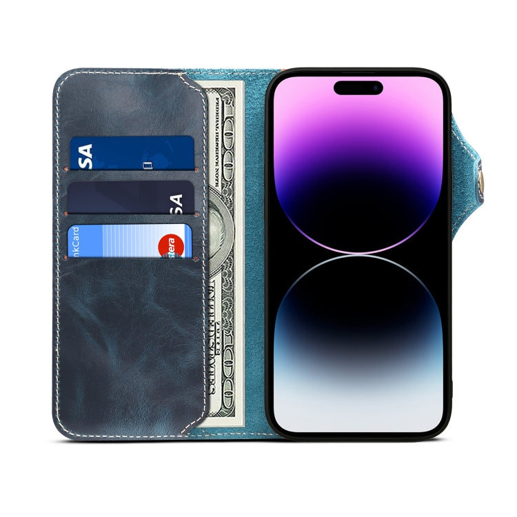 For iPhone 14 Pro Denior Oil Wax Cowhide Magnetic Button Genuine Leather Case(Dark Blue) - iPhone 14 Pro Cases by Denior | Online Shopping UK | buy2fix