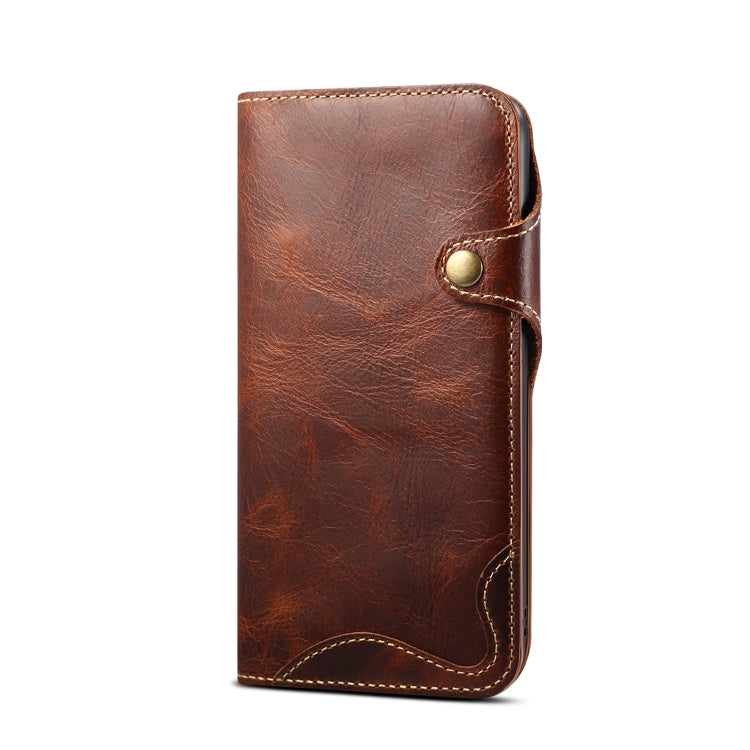 For iPhone 14 Pro Denior Oil Wax Cowhide Magnetic Button Genuine Leather Case(Brown) - iPhone 14 Pro Cases by Denior | Online Shopping UK | buy2fix