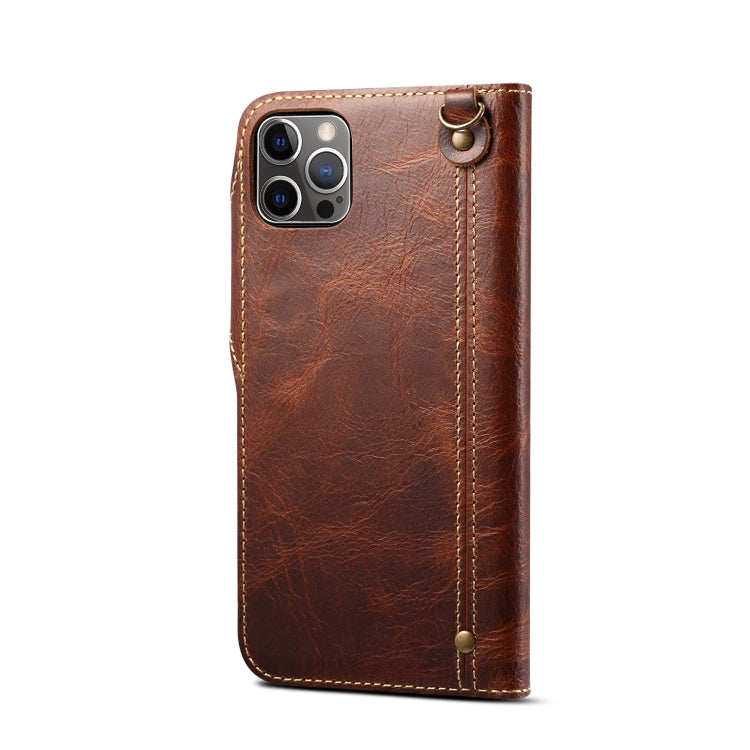 For iPhone 14 Pro Denior Oil Wax Cowhide Magnetic Button Genuine Leather Case(Brown) - iPhone 14 Pro Cases by Denior | Online Shopping UK | buy2fix
