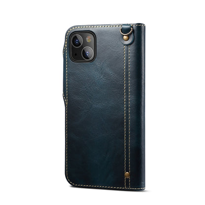 For iPhone 14 Denior Oil Wax Cowhide Magnetic Button Genuine Leather Case(Dark Blue) - iPhone 14 Cases by Denior | Online Shopping UK | buy2fix