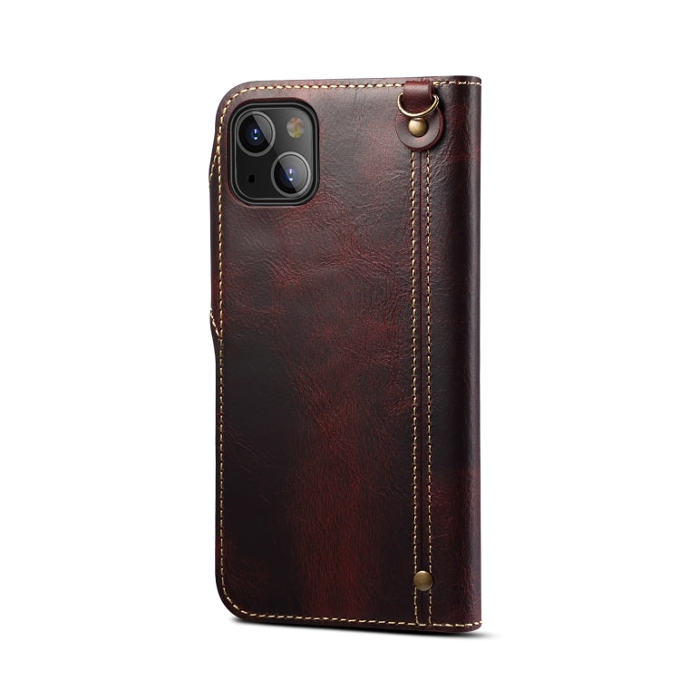 For iPhone 14 Denior Oil Wax Cowhide Magnetic Button Genuine Leather Case(Dark Red) - iPhone 14 Cases by Denior | Online Shopping UK | buy2fix