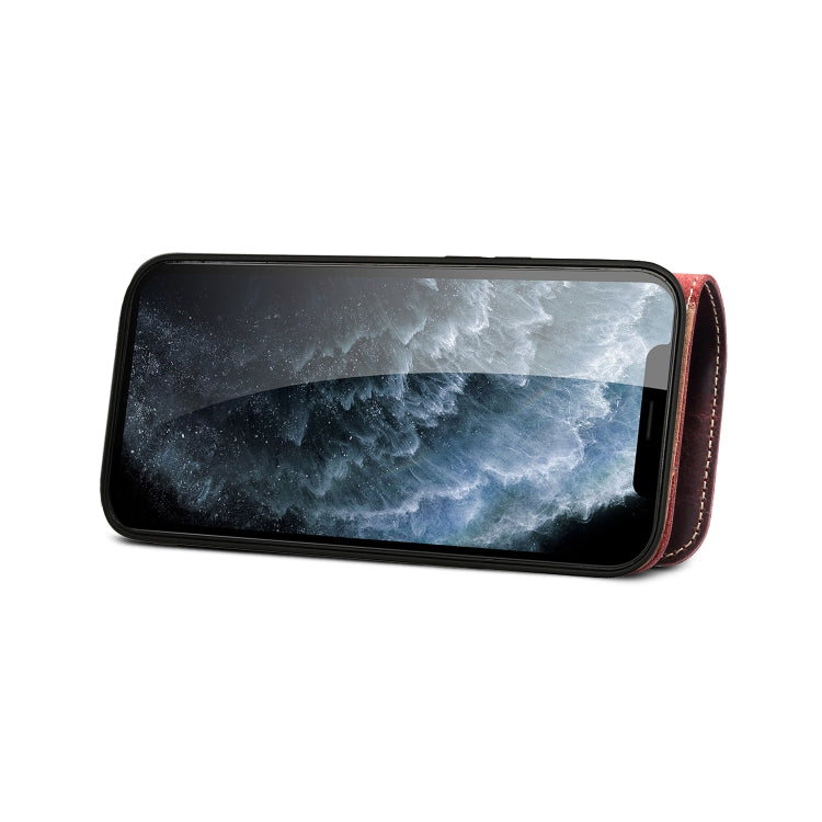 For iPhone 14 Denior Oil Wax Cowhide Magnetic Button Genuine Leather Case(Dark Red) - iPhone 14 Cases by Denior | Online Shopping UK | buy2fix