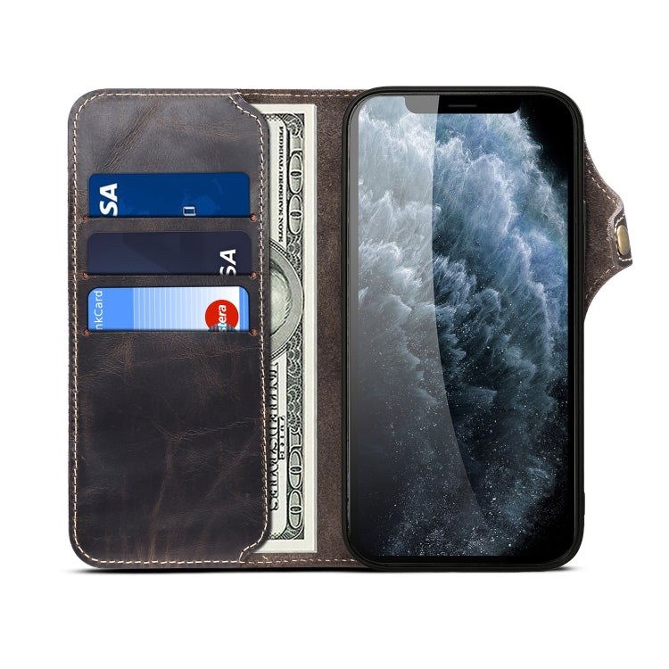 For iPhone 14 Plus Denior Oil Wax Cowhide Magnetic Button Genuine Leather Case(Black) - iPhone 14 Plus Cases by Denior | Online Shopping UK | buy2fix