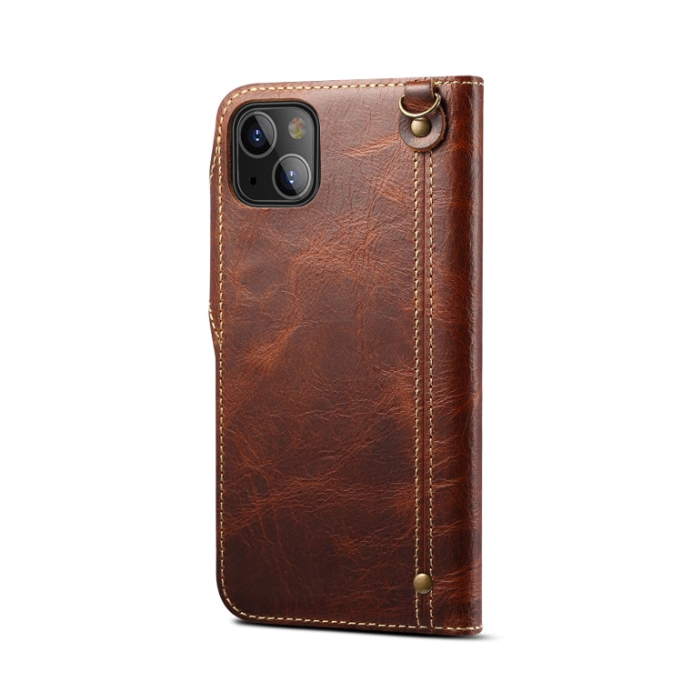 For iPhone 14 Plus Denior Oil Wax Cowhide Magnetic Button Genuine Leather Case(Brown) - iPhone 14 Plus Cases by Denior | Online Shopping UK | buy2fix