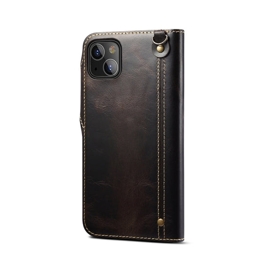 For iPhone 13 Denior Oil Wax Cowhide Magnetic Button Genuine Leather Case(Black) - iPhone 13 Cases by Denior | Online Shopping UK | buy2fix