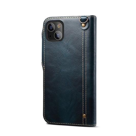 For iPhone 13 Denior Oil Wax Cowhide Magnetic Button Genuine Leather Case(Dark Blue) - iPhone 13 Cases by Denior | Online Shopping UK | buy2fix