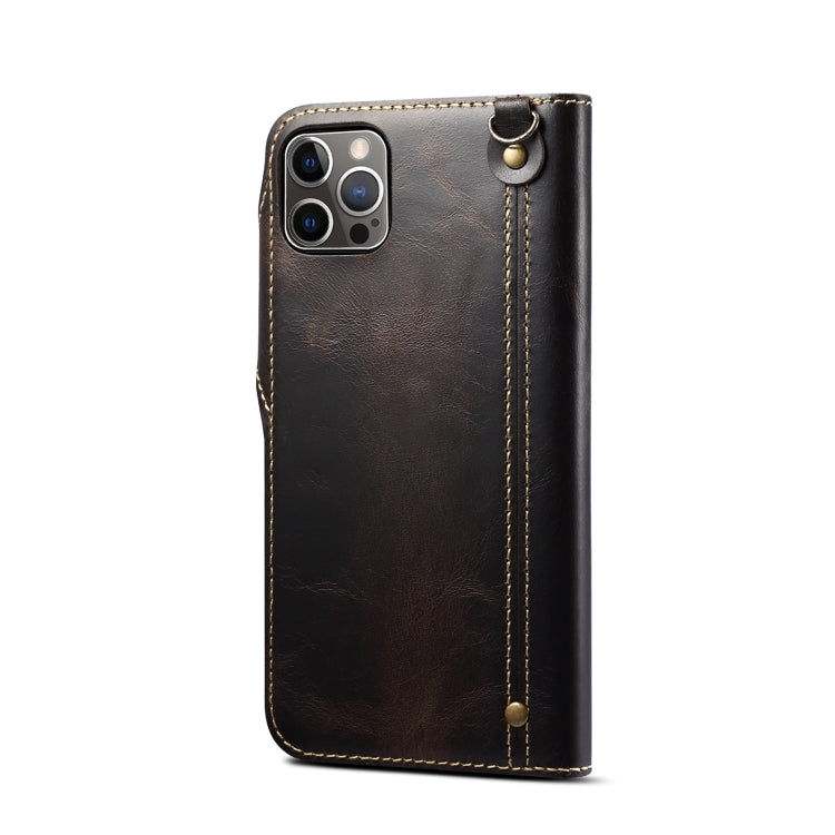 For iPhone 12 / 12 Pro Denior Oil Wax Cowhide Magnetic Button Genuine Leather Case(Black) - iPhone 12 / 12 Pro Cases by Denior | Online Shopping UK | buy2fix
