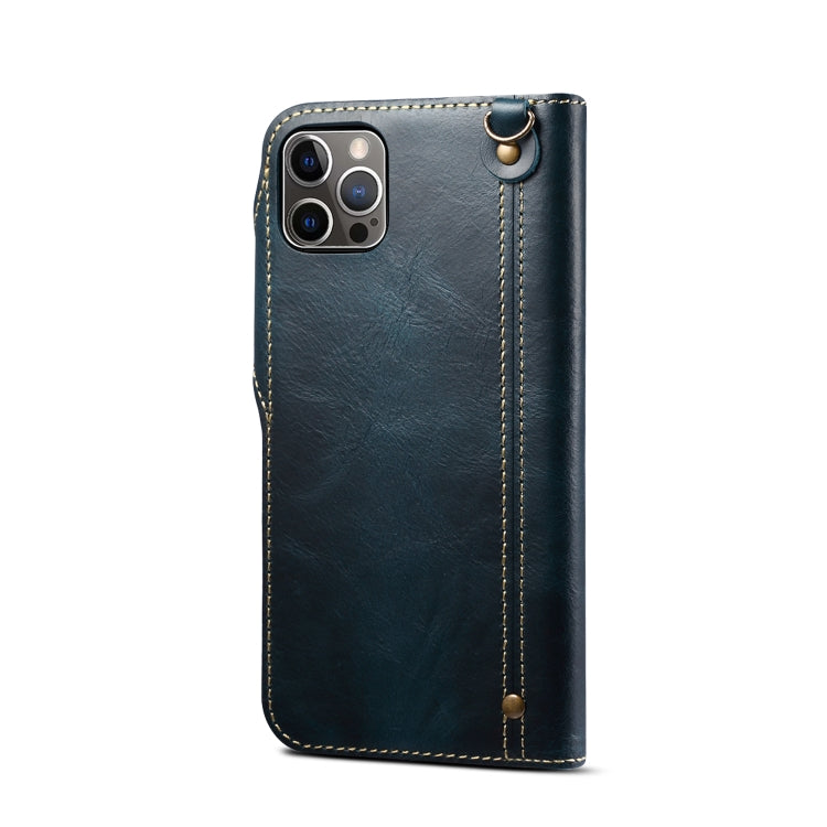 For iPhone 12 / 12 Pro Denior Oil Wax Cowhide Magnetic Button Genuine Leather Case(Dark Blue) - iPhone 12 / 12 Pro Cases by Denior | Online Shopping UK | buy2fix