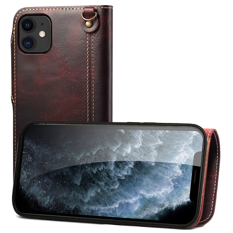 For iPhone 12 mini Denior Oil Wax Cowhide Magnetic Button Genuine Leather Case(Dark Red) - iPhone 12 mini Cases by Denior | Online Shopping UK | buy2fix