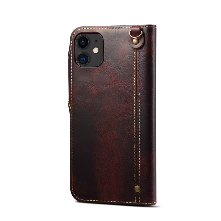For iPhone 12 mini Denior Oil Wax Cowhide Magnetic Button Genuine Leather Case(Dark Red) - iPhone 12 mini Cases by Denior | Online Shopping UK | buy2fix