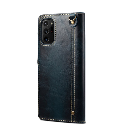 For Samsung Galaxy Note20 Ultra Denior Oil Wax Cowhide Magnetic Button Genuine Leather Case(Dark Blue) - Galaxy Phone Cases by Denior | Online Shopping UK | buy2fix