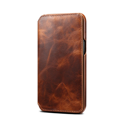 For iPhone 13 Denior Oil Wax Top Layer Cowhide Simple Flip Leather Case(Brown) - iPhone 13 Cases by Denior | Online Shopping UK | buy2fix