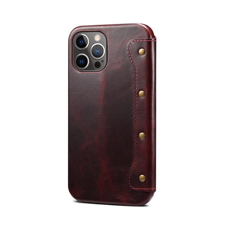 For iPhone 13 Pro Denior Oil Wax Top Layer Cowhide Simple Flip Leather Case(Dark Red) - iPhone 13 Pro Cases by Denior | Online Shopping UK | buy2fix