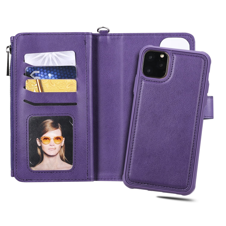 For iPhone 11 Pro Max 2 in 1 Solid Color Zipper Shockproof Protective Case with Card Slots & Bracket & Photo Holder & Wallet Function(Purple) - iPhone 11 Pro Max Cases by buy2fix | Online Shopping UK | buy2fix