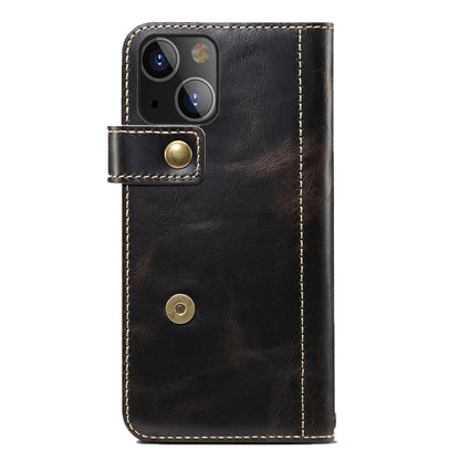 For iPhone 13 Denior Oil Wax Cowhide DK Magnetic Button Leather Phone Case(Black) - iPhone 13 Cases by Denior | Online Shopping UK | buy2fix