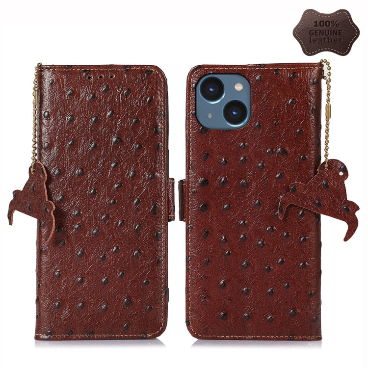 For iPhone 14 Ostrich Pattern Genuine Leather RFID Phone Case(Coffee) - iPhone 14 Cases by buy2fix | Online Shopping UK | buy2fix