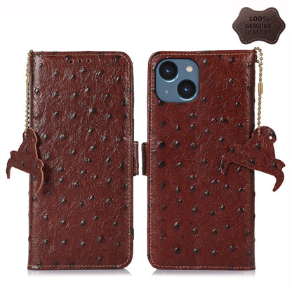 For iPhone 14 Ostrich Pattern Genuine Leather RFID Phone Case(Coffee) - iPhone 14 Cases by buy2fix | Online Shopping UK | buy2fix