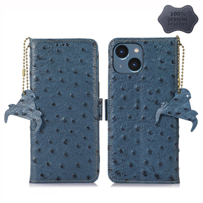 For iPhone 14 Ostrich Pattern Genuine Leather RFID Phone Case(Blue) - iPhone 14 Cases by buy2fix | Online Shopping UK | buy2fix