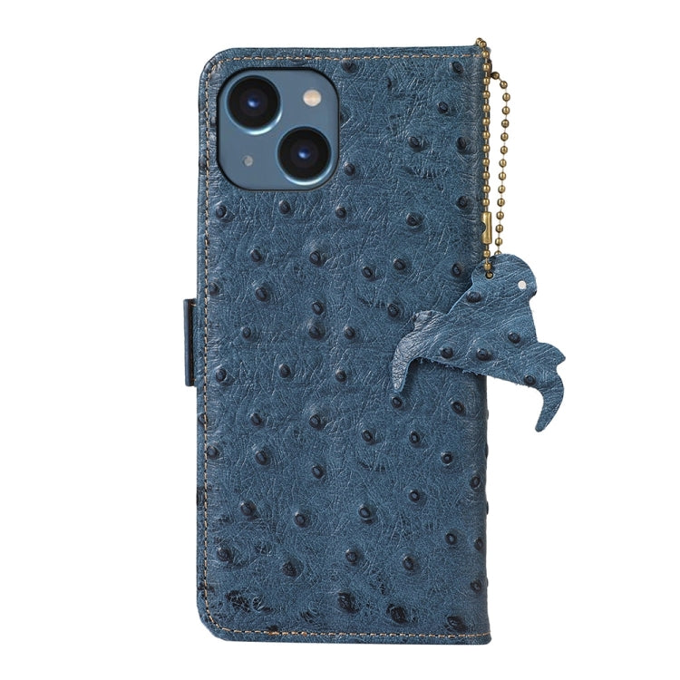 For iPhone 14 Ostrich Pattern Genuine Leather RFID Phone Case(Blue) - iPhone 14 Cases by buy2fix | Online Shopping UK | buy2fix