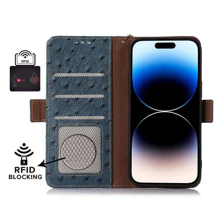 For iPhone 14 Ostrich Pattern Genuine Leather RFID Phone Case(Blue) - iPhone 14 Cases by buy2fix | Online Shopping UK | buy2fix