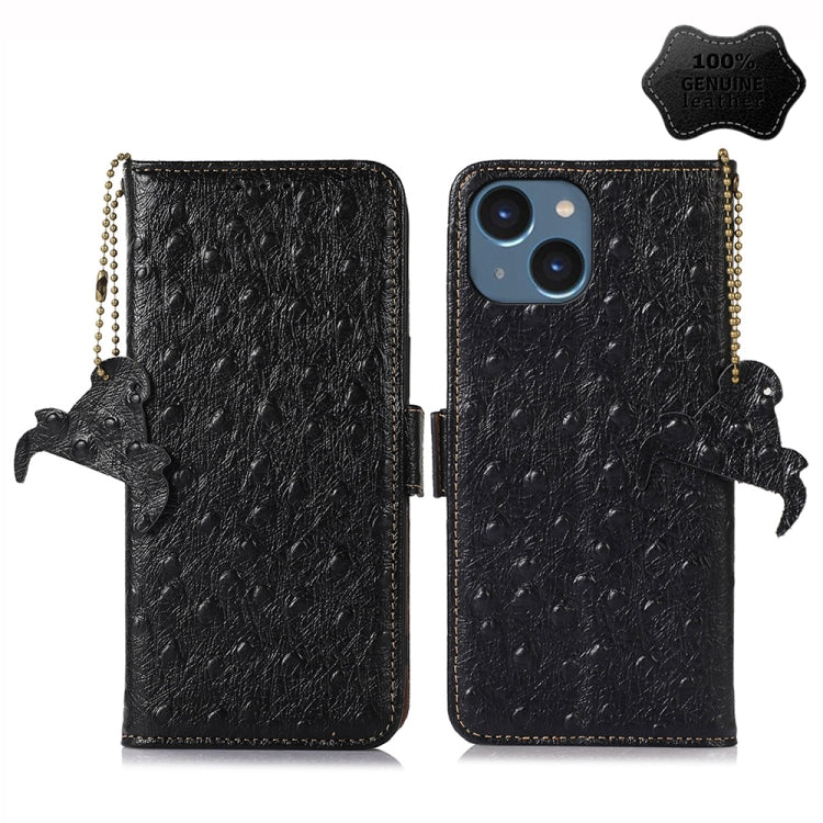 For iPhone 14 Ostrich Pattern Genuine Leather RFID Phone Case(Black) - iPhone 14 Cases by buy2fix | Online Shopping UK | buy2fix